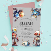 Grey Robots Tech Gear Builder Birthday Party Einladung