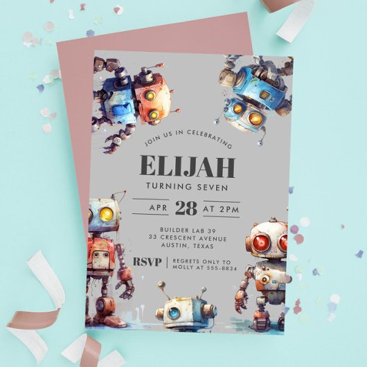 Grey Robots Tech Gear Builder Birthday Party Einladung