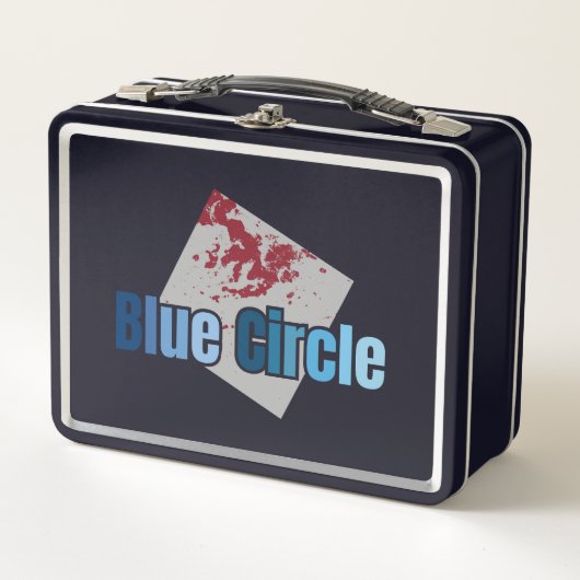 Grey Square with Red Stain and Blue Circle Text Metall Brotdose (Vorderseite)