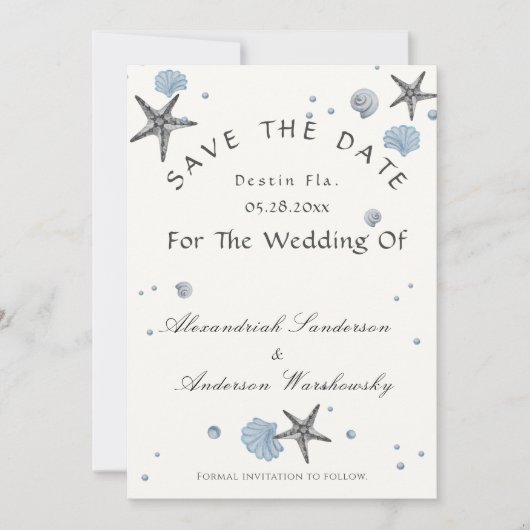 Grey Starfish Blue Beach Hochzeit Save the Date Einladung (Vorderseite)