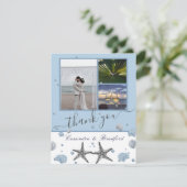 Grey Starfish Blue Beach Wedding Dankeskarte (Stehend Vorderseite)