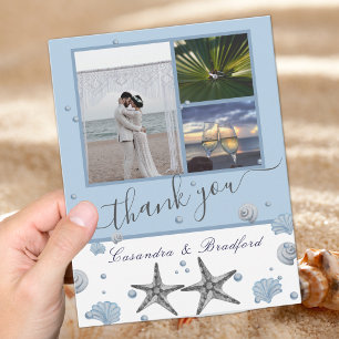 Grey Starfish Blue Beach Wedding Dankeskarte