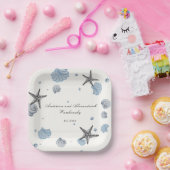 Grey Starfish Blue Muschel Beach Wedding Pappteller (Party)