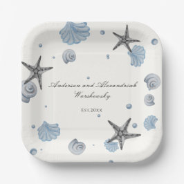 Grey Starfish Blue Muschel Beach Wedding Pappteller