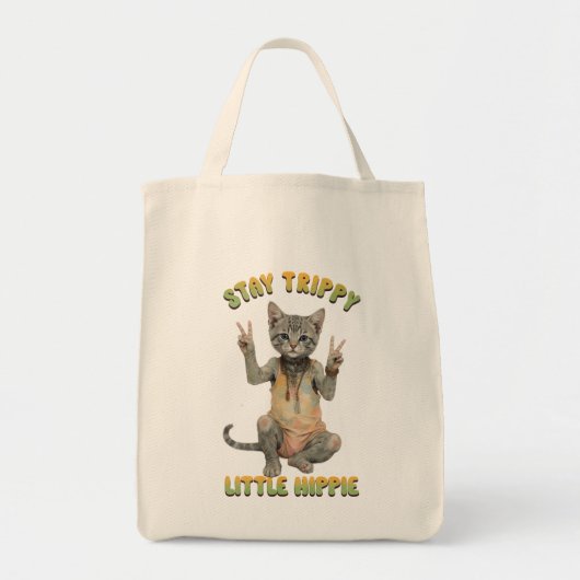 Grey Tabby Cat Boho Stay Trippy Little Hippie  Tragetasche (Vorne)