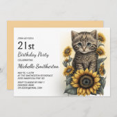 Grey Tabby Kitten Cat Sonnenblumen 21. Geburtstag Einladung (Vorne/Hinten)