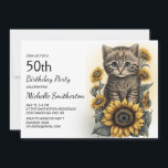 Grey Tabby Kitten Cat Sonnenblumen 50. Geburtstag Einladung<br><div class="desc">Niedliche Graukatze/Kätzchen mit Sonnenblumen 50. Geburtstagsfeier für Frauen. Diese Karte kann für jeden Geschmack jeden Alters konzipiert werden. Kontaktieren Sie mich für Hilfe bei Ihrer Anpassung oder um zusätzliche Matching- oder Koordinationsprodukte für Ihre Feier zu erhalten.</div>