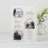 Grey Three Fotos Collage Pet Hund Hochzeit Save The Date (Stehend Vorderseite)
