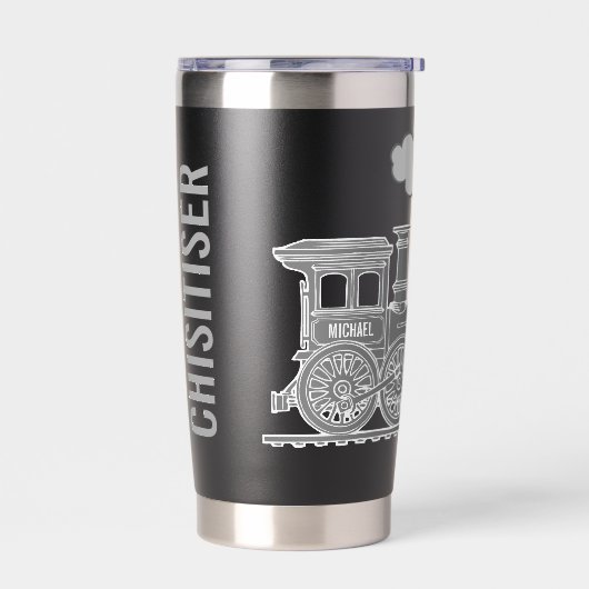 Grey train graphic full name drinks bottle thermobecher (Links)