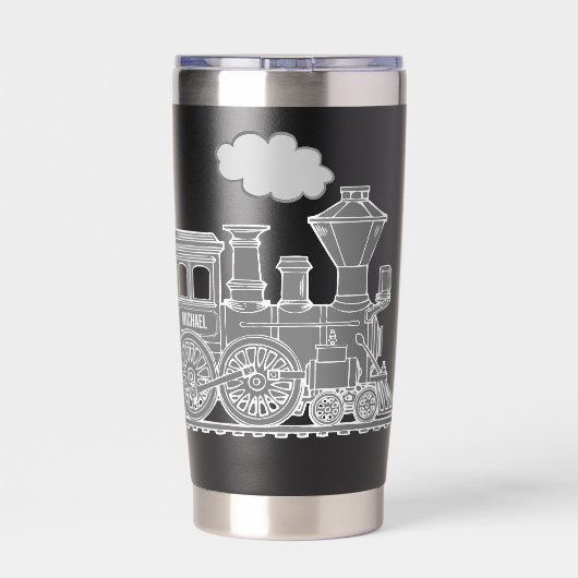 Grey train graphic full name drinks bottle thermobecher (Rückseite)