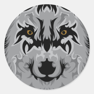 Grey Tribal Wolf Head Runder Aufkleber