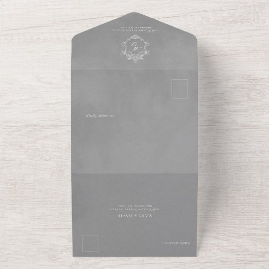 Grey Velvet Elegant Baroque Frame Wedding All In One Einladung (Außenbereich)