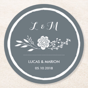 Grey Vintag Blume Bouquet Monogram Wedding Party Runder Pappuntersetzer