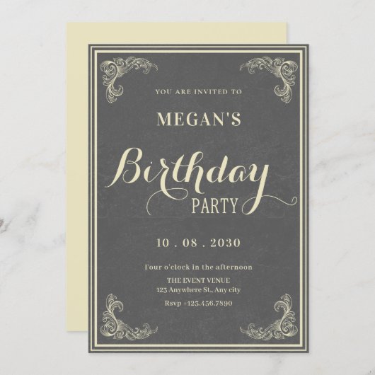 Grey vintage elegant birthday  einladung (Vorne/Hinten)