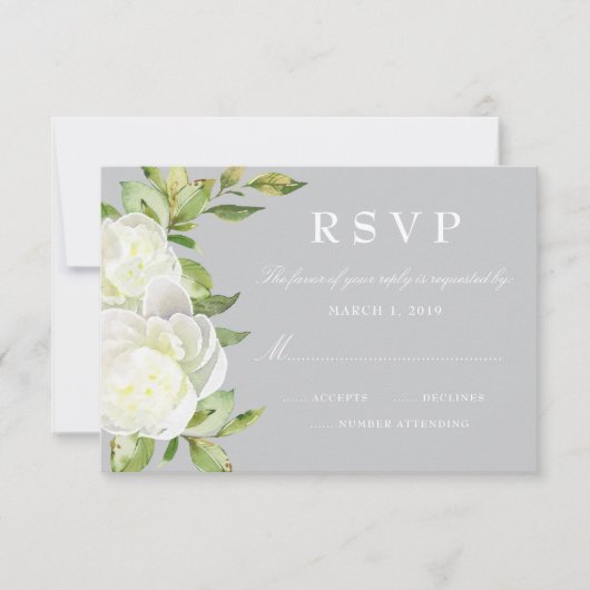 Grey Watercolor Spring Floral Peony Wedding RSVP Karte (Vorderseite)