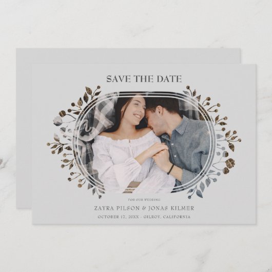 Grey Wedding Fancy Ornament Frame Flowers Photo (Vorne/Hinten)