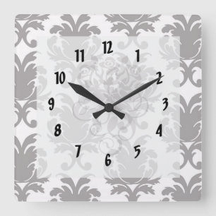 grey white baroque damask quadratische wanduhr