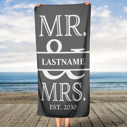 Grey White Mr. und Mrs. Wedding Personalisiert Strandtuch