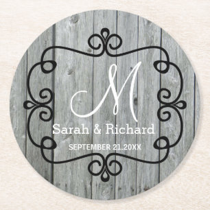 Grey Wood Country Wedding Monogram Runder Pappuntersetzer