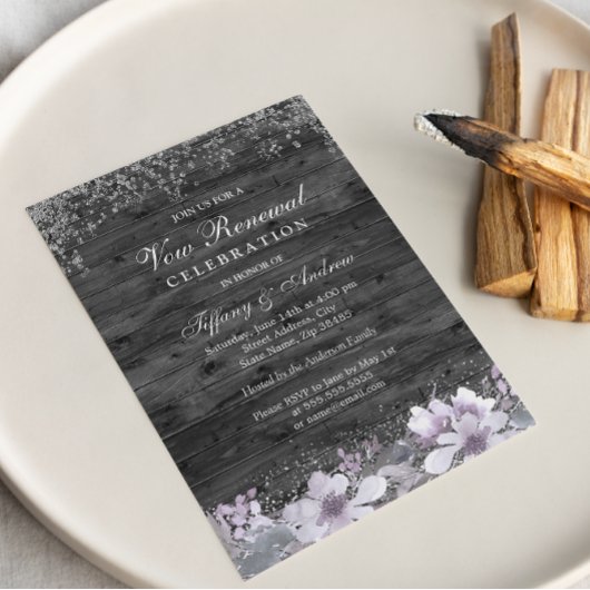 Grey Wood Lila Floral Vow Renewal Einladung