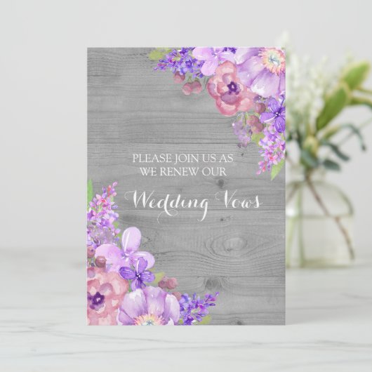 Grey Wood Lilac Purple Blumen Vow Renewal Einladung (Stehend Vorderseite)