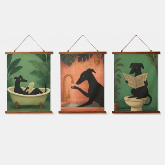 Greyhound Bathroom Art – Funny Dog Wall Decor Trio Wandteppich Mit Holzrahmen (Dreifach)
