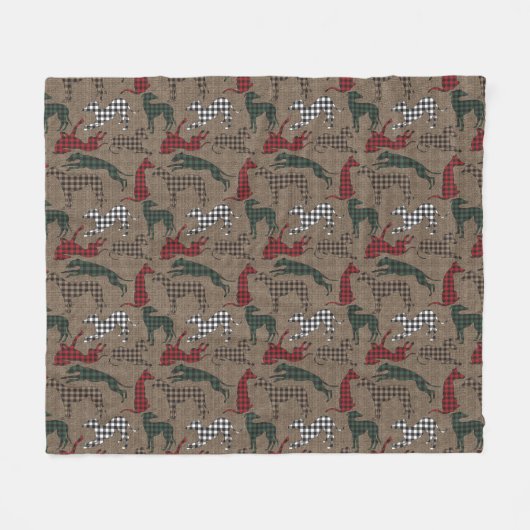 Greyhound Christmas Kariert Burlap Fleecedecke (Vorderseite (Horizontal))