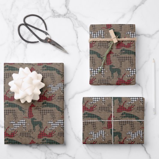 Greyhound Christmas Kariert Burlap Wrapping Paper Geschenkpapier Set (Vorderseite)