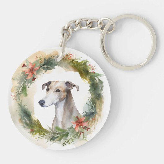 Greyhound Christmas Wreath Festive Pup Schlüsselanhänger (Rückseite)