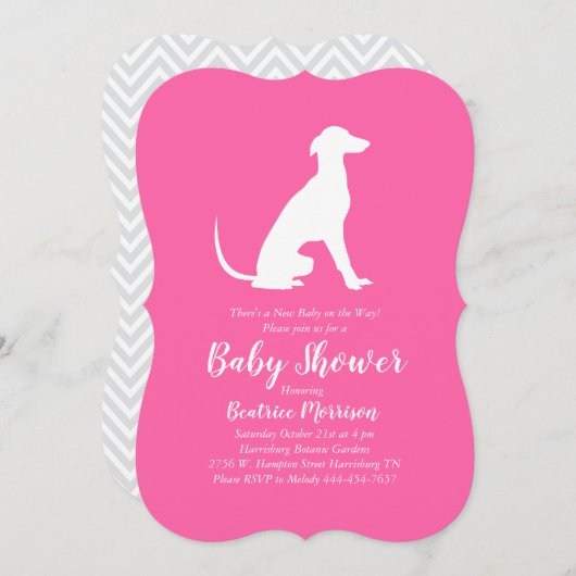 Greyhound Dog Baby Shower Girl Pink Einladung (Vorne/Hinten)