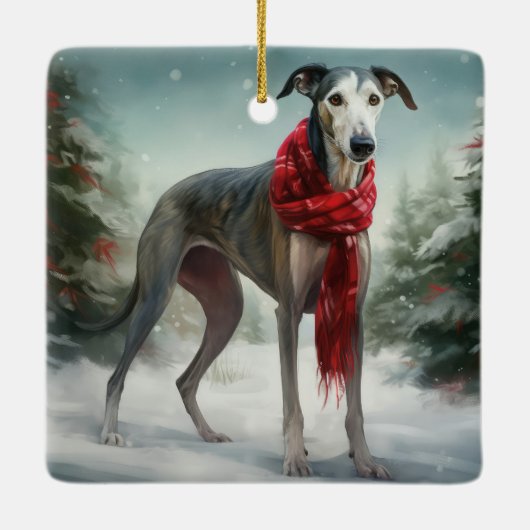 Greyhound Dog in Schneehocht Keramikornament (Rückseite)