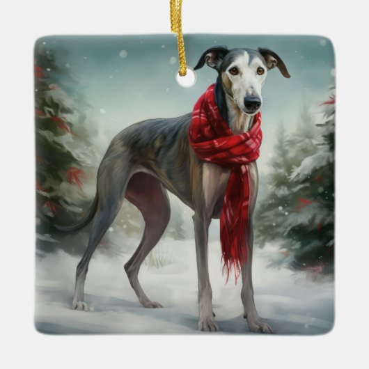Greyhound Dog in Schneehocht Keramikornament (Vorderseite)