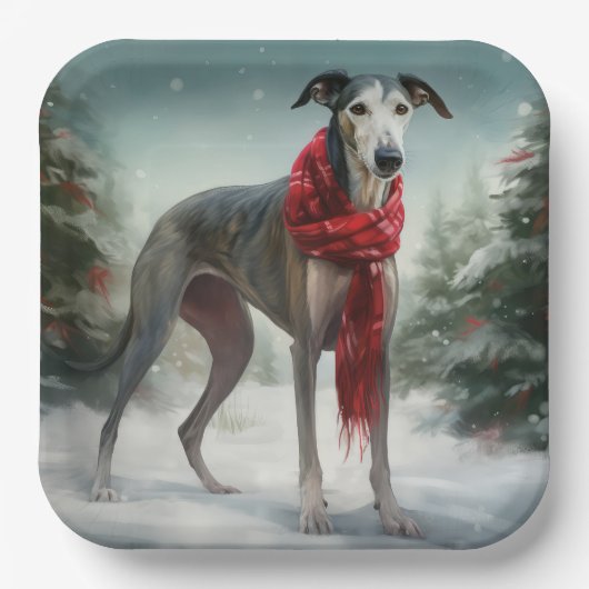 Greyhound Dog in Schneehocht Pappteller (Vorderseite)
