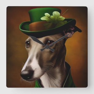 Greyhound Dog in St. Patrick's Day Dress Quadratische Wanduhr