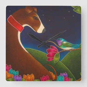 GREYHOUND DOG MIT HUMMINGBIRD WALL CLOCK QUADRATISCHE WANDUHR