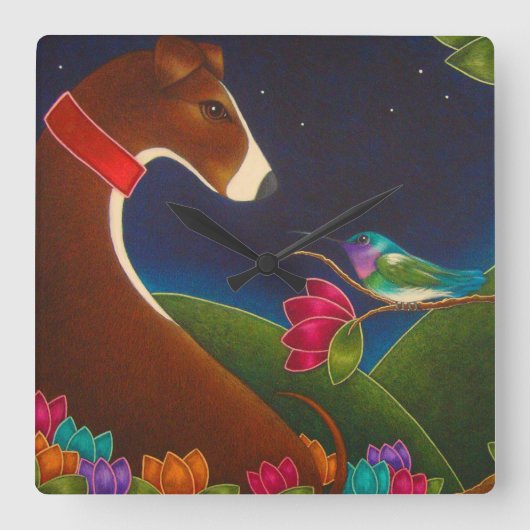 GREYHOUND DOG MIT HUMMINGBIRD WALL CLOCK QUADRATISCHE WANDUHR (Vorderseite)