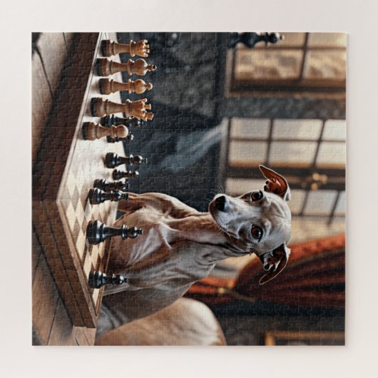 Greyhound Dog Playing Schach Puzzle (Horizontal)