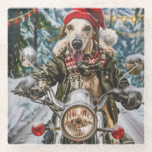 Greyhound Dog Riding Motorrad Weihnachten Glasuntersetzer