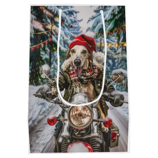 Greyhound Dog Riding Motorrad Weihnachten Mittlere Geschenktüte (Rückseite)