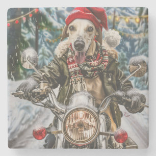Greyhound Dog Riding Motorrad Weihnachten Steinuntersetzer