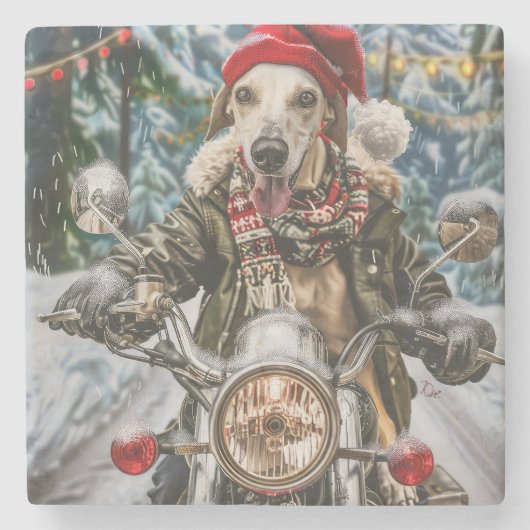 Greyhound Dog Riding Motorrad Weihnachten Steinuntersetzer (Vorderseite)