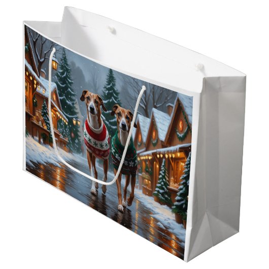 Greyhound Dogs Christmas Snow Holiday Große Geschenktüte (Vorderseite Schrägansicht)