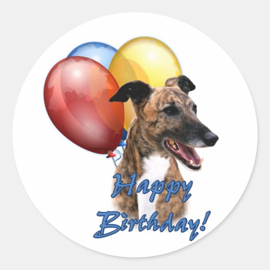 Greyhound Happy Birthday Balloons. Runder Aufkleber (Vorderseite)