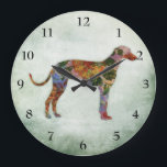 Greyhound Hund floral auf grün Große Wanduhr<br><div class="desc">Greyhound Hund mit einem schäbigen Blumendesign Profil auf einem strukturierten grünen Hintergrund. Ein hübsches Geschenk für einen Haustierbesitzer.</div>