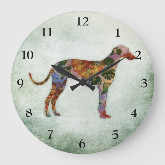 Greyhound Hund floral auf grün Große Wanduhr (Vorderseite)