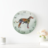 Greyhound Hund floral auf grün Große Wanduhr (Zuhause)