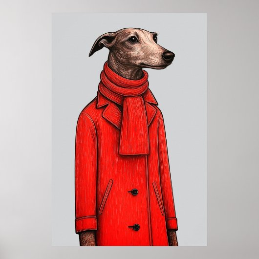 Greyhound in Vivid Red Coat, Modern Drawing Poster (Vorne)