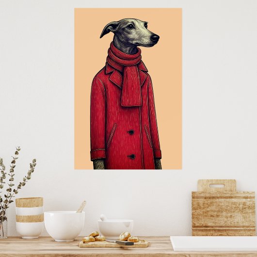 Greyhound in Winter Red Coat, Stylized Drawing Poster (Küche)