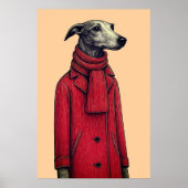 Greyhound in Winter Red Coat, Stylized Drawing Poster (Vorne)