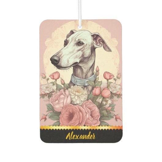 Greyhound inmitten blühender Rose des Frühlings Autolufterfrischer (Vorderseite)